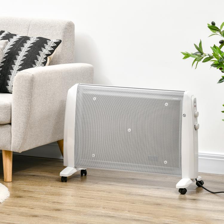1000W/2000W Electric Mica Heater with Adjustable Thermostat, 4 Wheels, 15–20 square meter, White