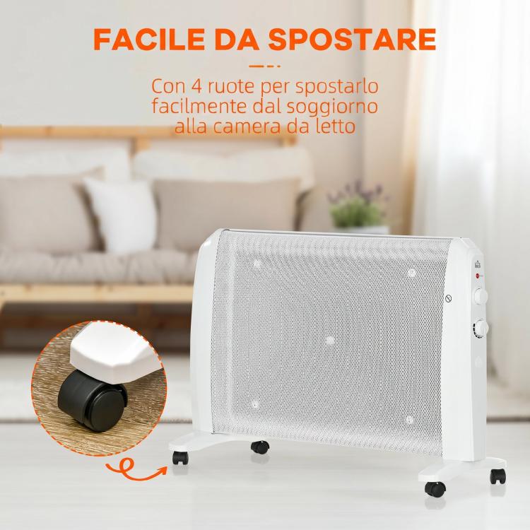 1000W/2000W Electric Mica Heater with Adjustable Thermostat, 4 Wheels, 15–20 square meter, White