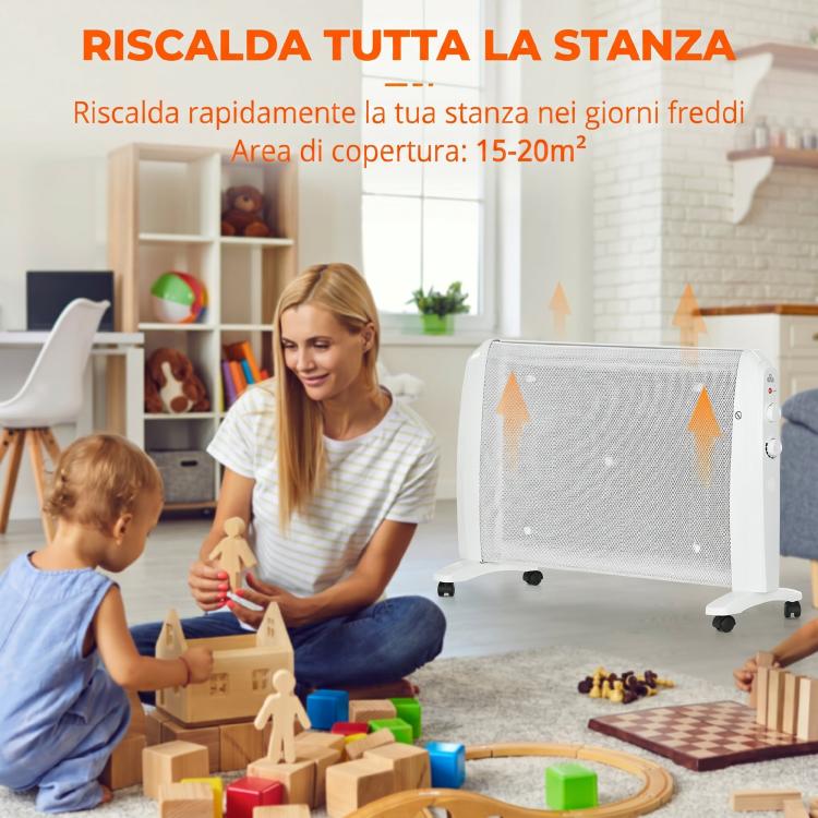 1000W/2000W Electric Mica Heater with Adjustable Thermostat, 4 Wheels, 15–20 square meter, White
