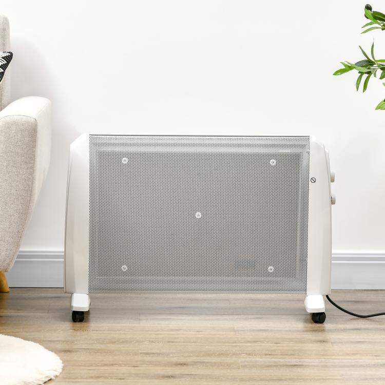 1000W/2000W Electric Mica Heater with Adjustable Thermostat, 4 Wheels, 15–20 square meter, White