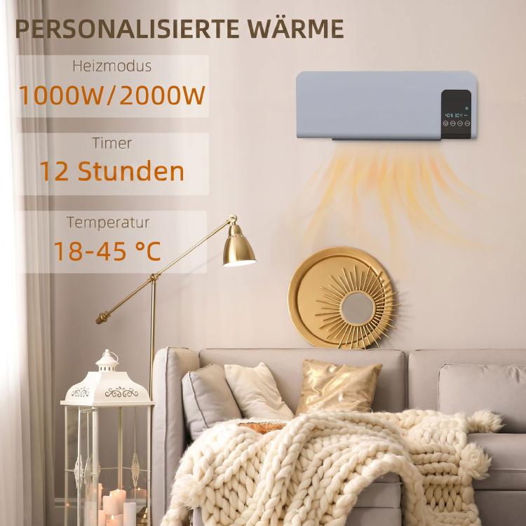 Electric heater, wall-mounted, oscillation function, 2 modes, timer, LED display, grey