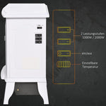 Freestanding electric fireplace, flame effect, 2 heating modes (1000W/2000W), tempered glass, white, 36.5 x 24 x 45.5 cm