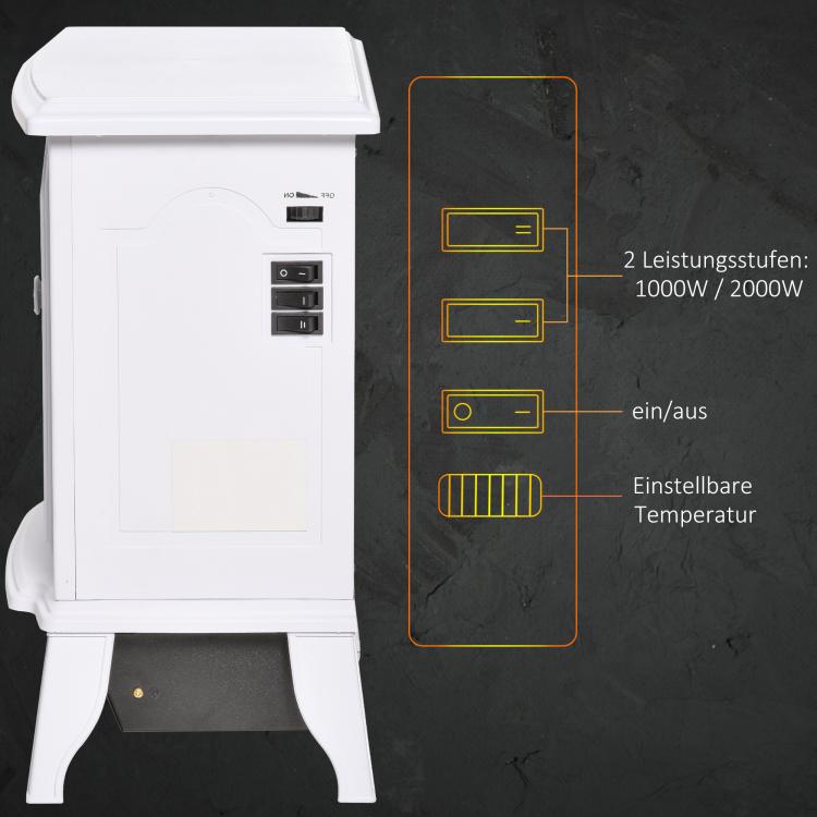 Freestanding electric fireplace, flame effect, 2 heating modes (1000W/2000W), tempered glass, white, 36.5 x 24 x 45.5 cm