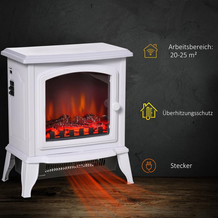 Freestanding electric fireplace, flame effect, 2 heating modes (1000W/2000W), tempered glass, white, 36.5 x 24 x 45.5 cm