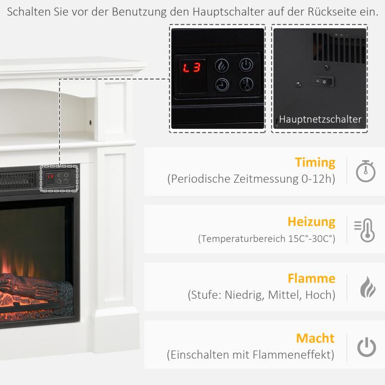 Electric fireplace with 3D LED flame effect, 30 m2 heating capacity, remote control, white/black
