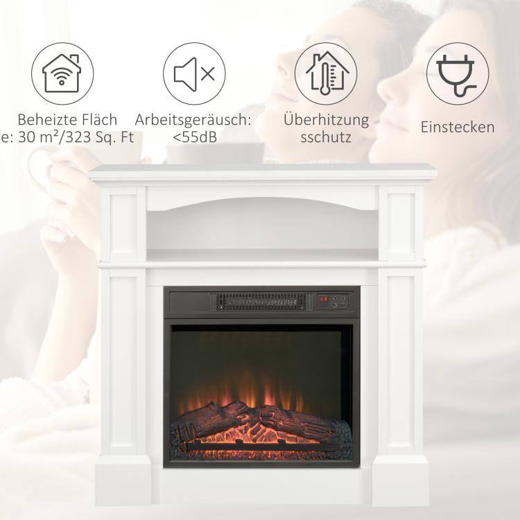 Electric fireplace with 3D LED flame effect, 30 m2 heating capacity, remote control, white/black
