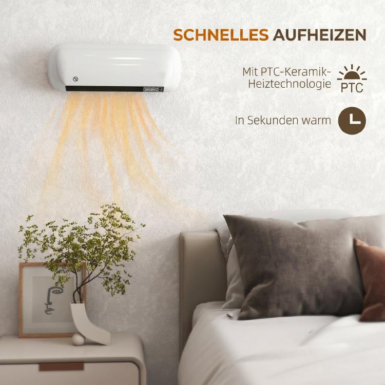 2000W Wall-Mounted Ceramic Fan Heater, 2 Power Settings, LED Display, Thermostat, White