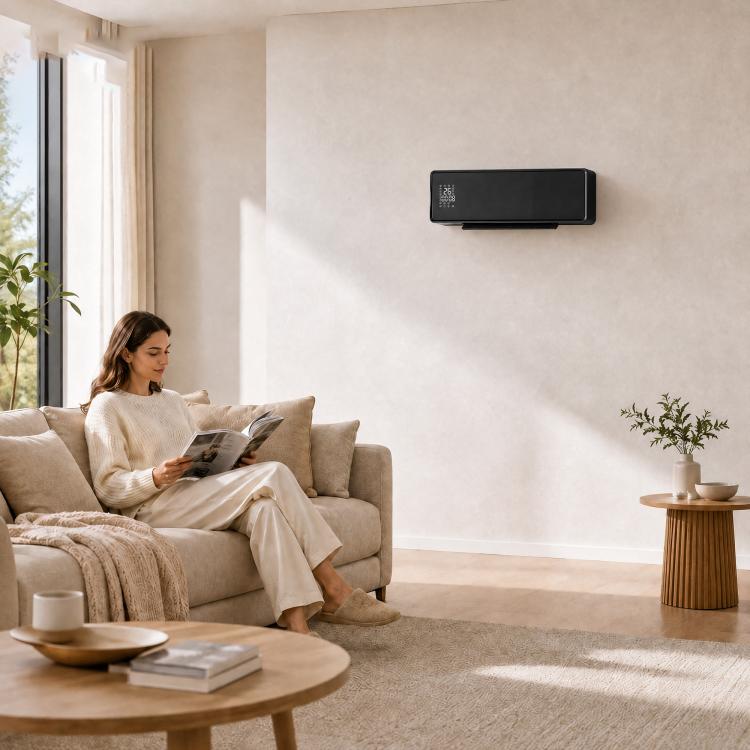 Wall-mounted 2000W ceramic electric heater, fan, thermostat, timer, remote control, glass panel, black
