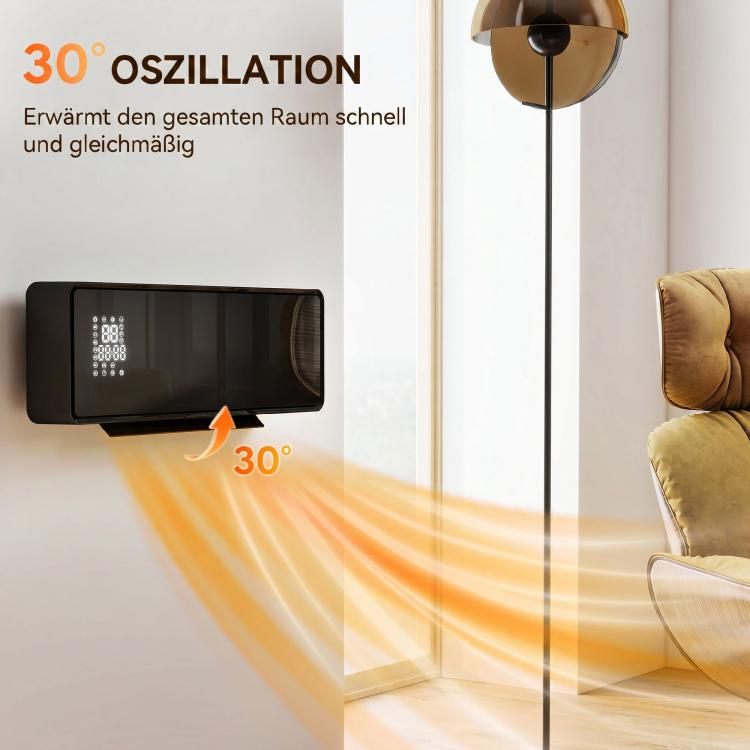 Wall-mounted 2000W ceramic electric heater, fan, thermostat, timer, remote control, glass panel, black