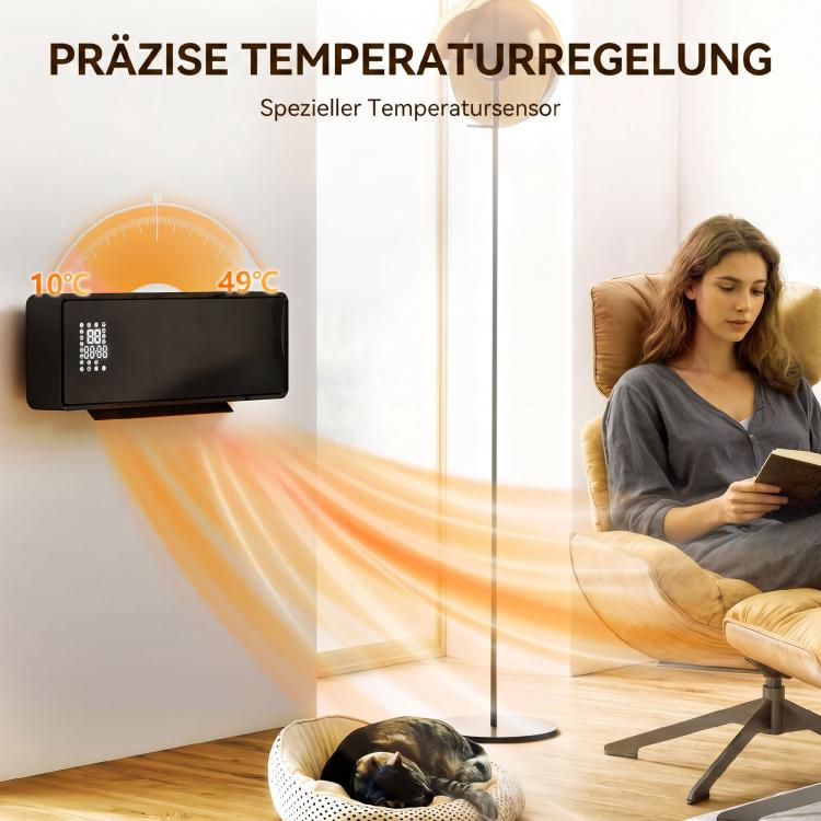 Wall-mounted 2000W ceramic electric heater, fan, thermostat, timer, remote control, glass panel, black
