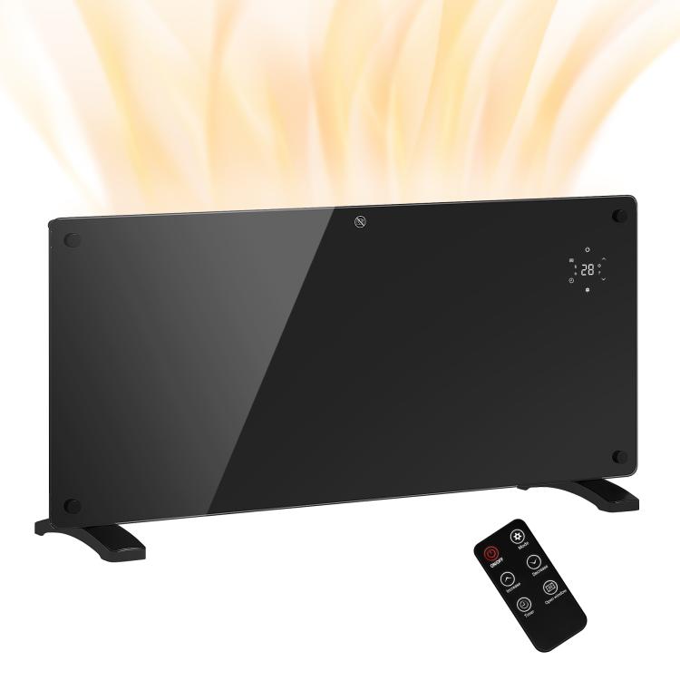 2000W electric floor-standing or wall-mounted heater with LED display, 24-hour or weekly timer, thermostat, and remote control.