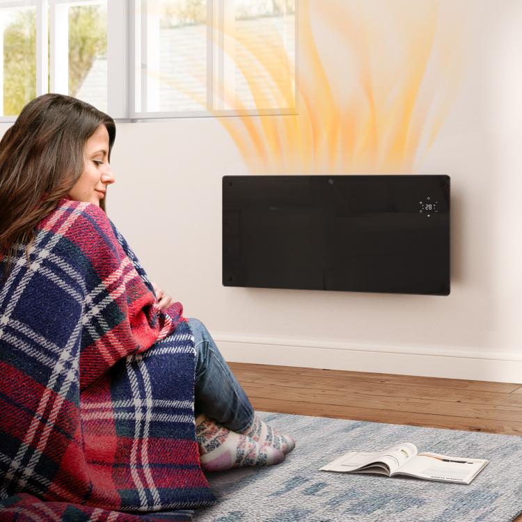 2000W electric floor-standing or wall-mounted heater with LED display, 24-hour or weekly timer, thermostat, and remote control.