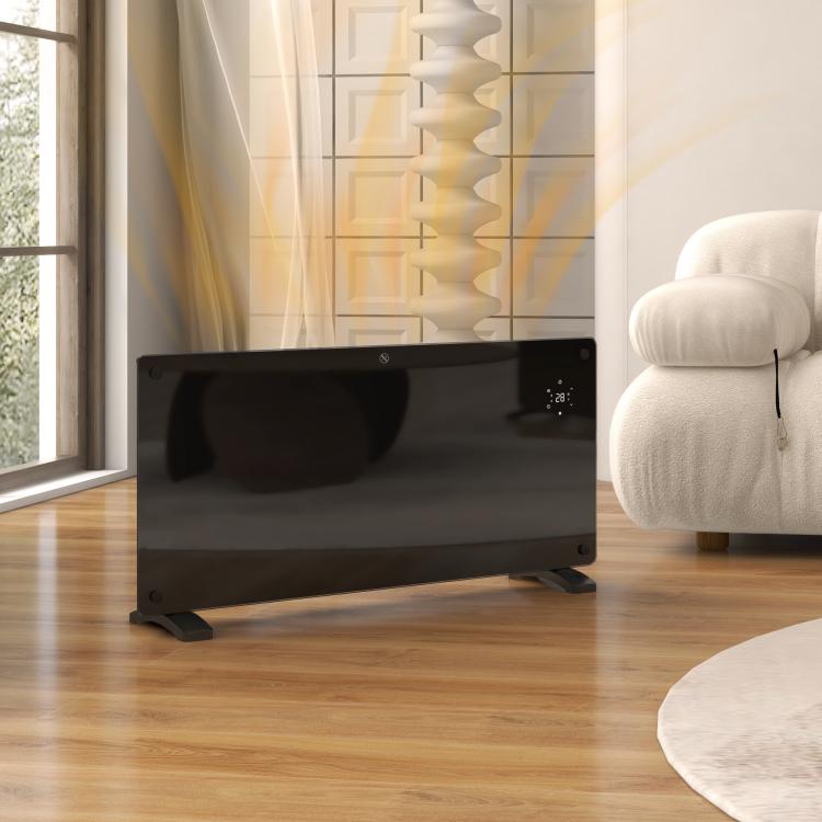 2000W electric floor-standing or wall-mounted heater with LED display, 24-hour or weekly timer, thermostat, and remote control.