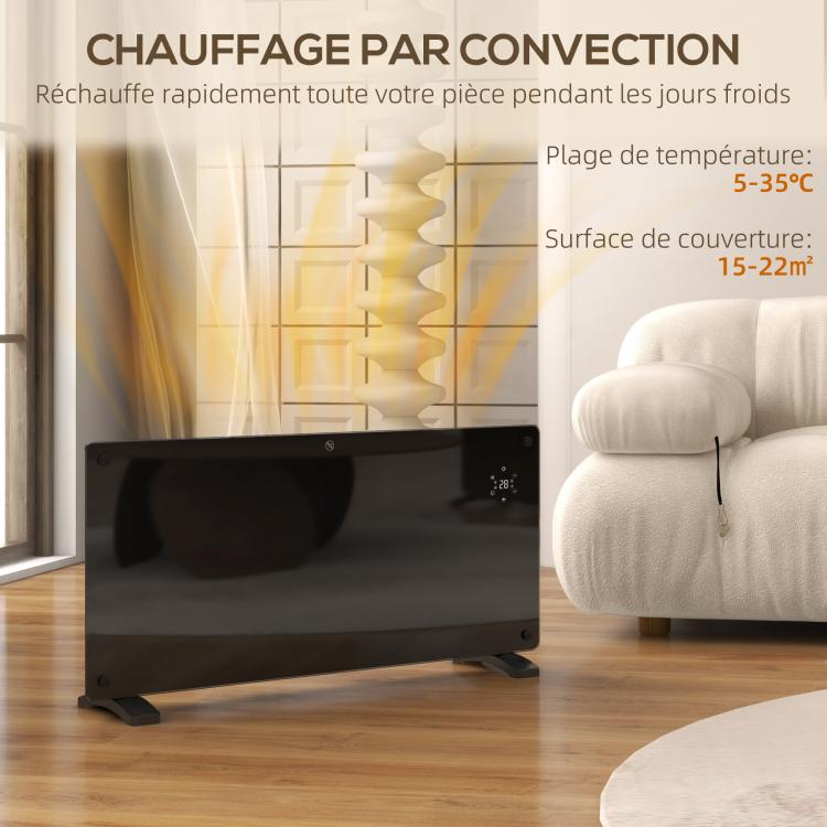 2000W electric floor-standing or wall-mounted heater with LED display, 24-hour or weekly timer, thermostat, and remote control.