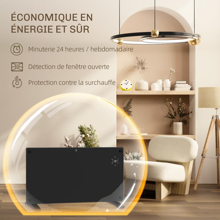 2000W electric floor-standing or wall-mounted heater with LED display, 24-hour or weekly timer, thermostat, and remote control.
