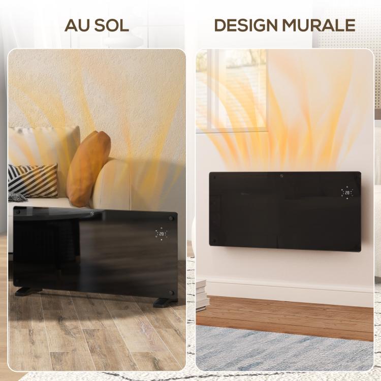 2000W electric floor-standing or wall-mounted heater with LED display, 24-hour or weekly timer, thermostat, and remote control.