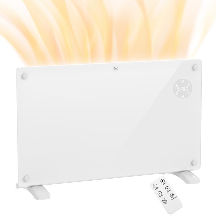 1500W electric floor-standing or wall-mounted heater with LED display, 24-hour or weekly timer, thermostat, and remote control.