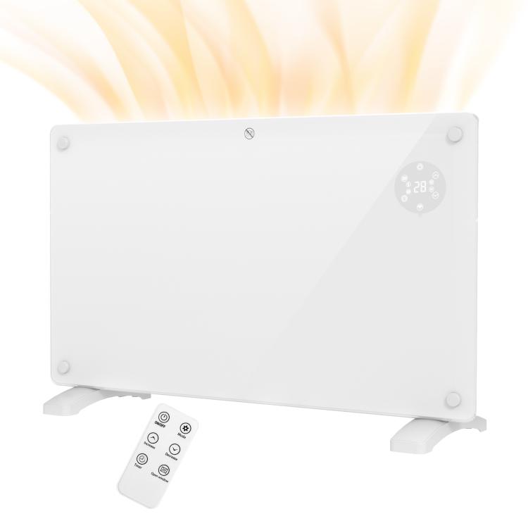 1500W electric floor-standing or wall-mounted heater with LED display, 24-hour or weekly timer, thermostat, and remote control.