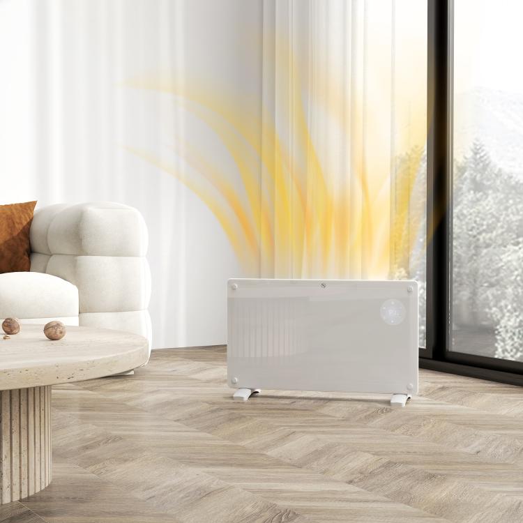 1500W electric floor-standing or wall-mounted heater with LED display, 24-hour or weekly timer, thermostat, and remote control.