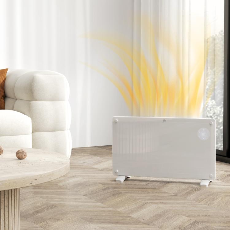 1500W electric floor-standing or wall-mounted heater with LED display, 24-hour or weekly timer, thermostat, and remote control.