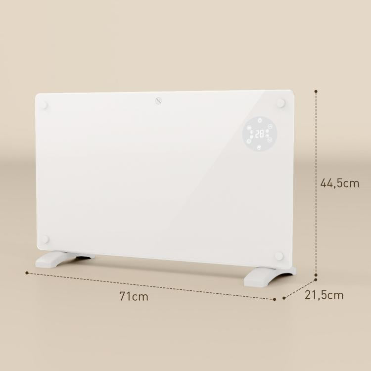 1500W electric floor-standing or wall-mounted heater with LED display, 24-hour or weekly timer, thermostat, and remote control.