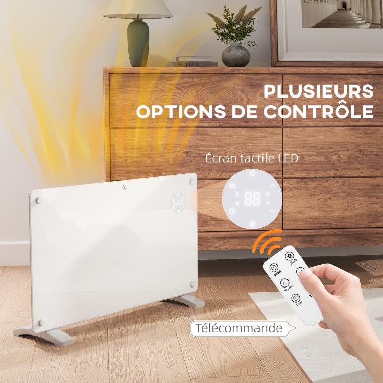 1500W electric floor-standing or wall-mounted heater with LED display, 24-hour or weekly timer, thermostat, and remote control.