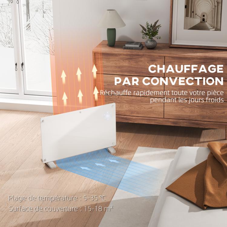 1500W electric floor-standing or wall-mounted heater with LED display, 24-hour or weekly timer, thermostat, and remote control.