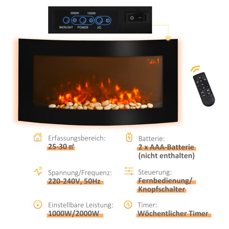 Electric fireplace with heater, wall-mounted fireplace with LED flame effect, 7 flame colors, 1000/2000 W, electric fireplace with timer, adjustable thermostat, decorative fireplace with remote control, black, 89.2 cm
