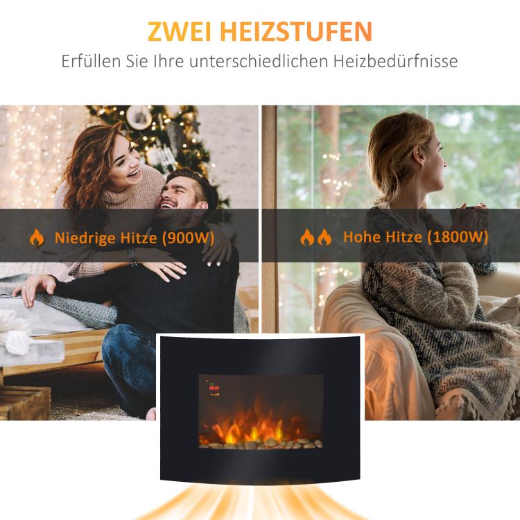 Electric fireplace with heater, wall-mounted fireplace with LED flame effect, 7 flame colors, 900/1800 W, electric fireplace with timer, adjustable thermostat, decorative fireplace with remote control, black, 65 cm