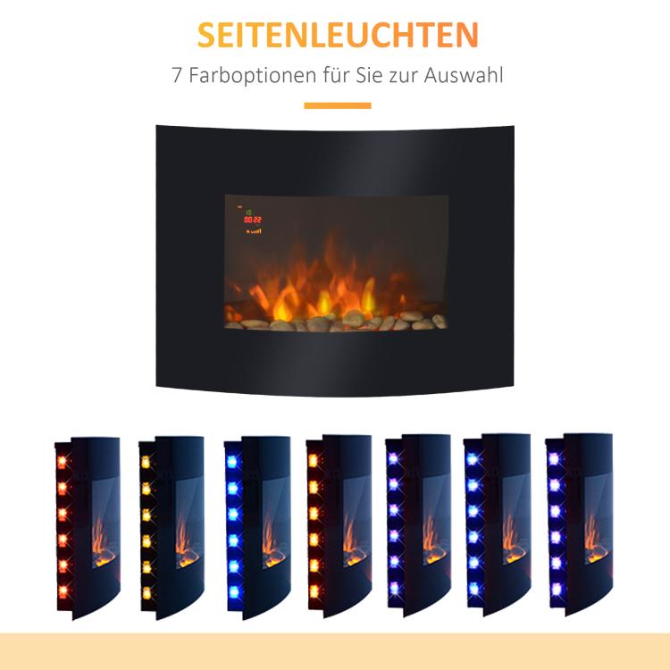 Electric fireplace with heater, wall-mounted fireplace with LED flame effect, 7 flame colors, 900/1800 W, electric fireplace with timer, adjustable thermostat, decorative fireplace with remote control, black, 65 cm