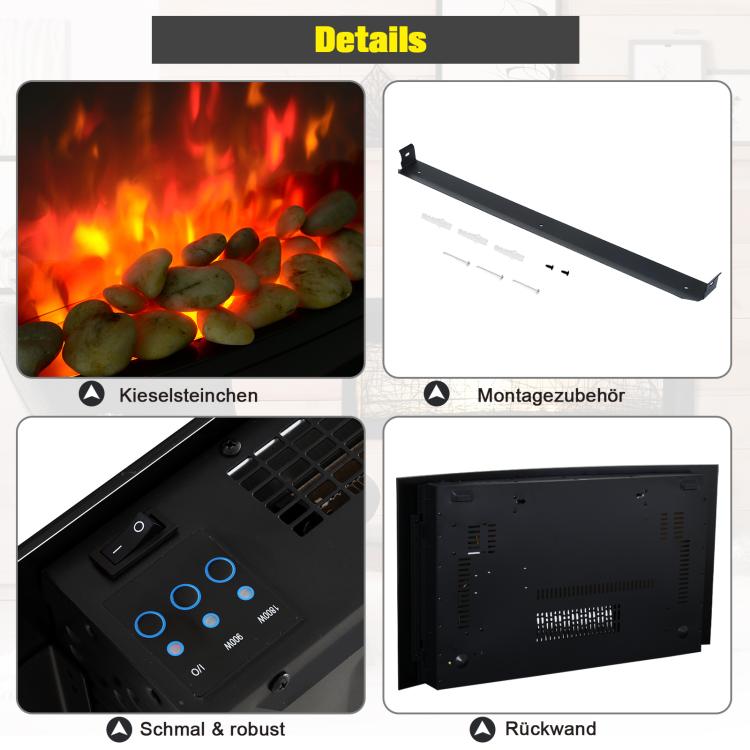 Electric fireplace with heater, electric fireplace with 3D flame effect, 7 flame colors, 900/1800 W, wall-mounted fireplace with timer, decorative fireplace with remote control, black, 65 cm