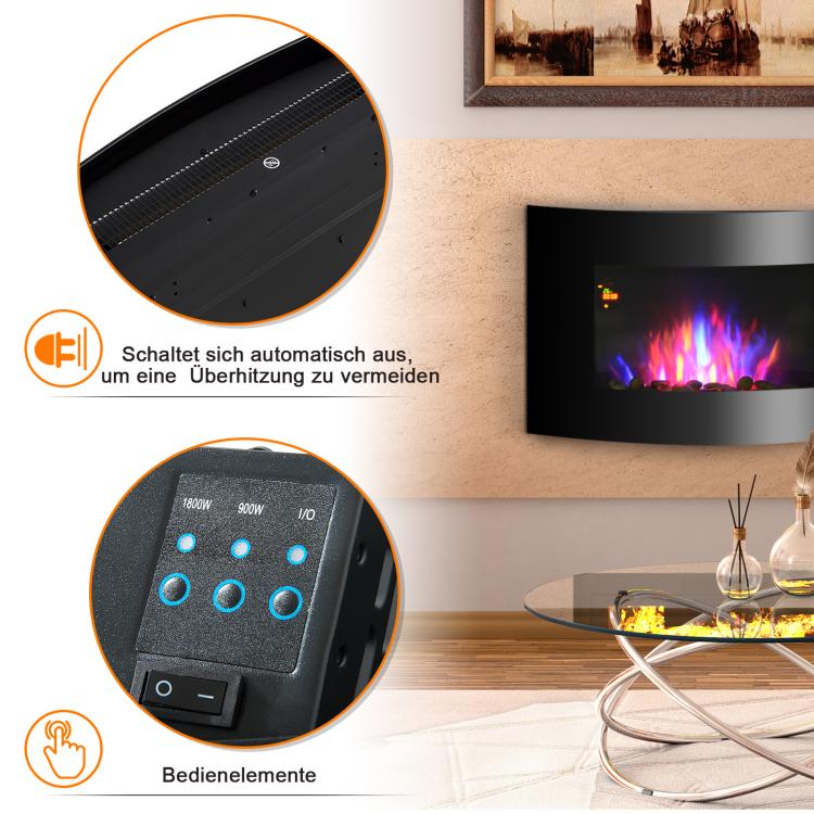 Electric fireplace with heater, electric fireplace with 3D flame effect, 7 flame colors, 900/1800 W, wall-mounted fireplace with timer, decorative fireplace with remote control, black, 65 cm
