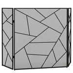 3-panel folding steel fireplace screen with geometric design and non-slip feet, 135W x 1.2D x 85H cm, black