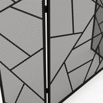 3-panel folding steel fireplace screen with geometric design and non-slip feet, 135W x 1.2D x 85H cm, black
