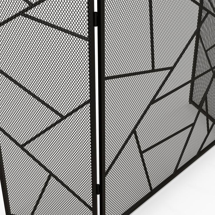 3-panel folding steel fireplace screen with geometric design and non-slip feet, 135W x 1.2D x 85H cm, black