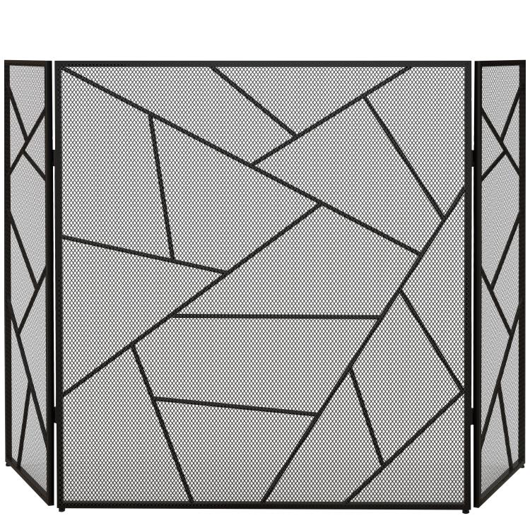 3-panel folding steel fireplace screen with geometric design and non-slip feet, 135W x 1.2D x 85H cm, black