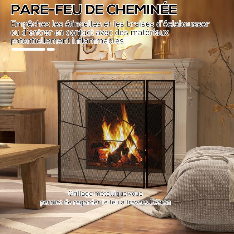 3-panel folding steel fireplace screen with geometric design and non-slip feet, 135W x 1.2D x 85H cm, black