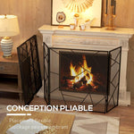 3-panel folding steel fireplace screen with geometric design and non-slip feet, 135W x 1.2D x 85H cm, black