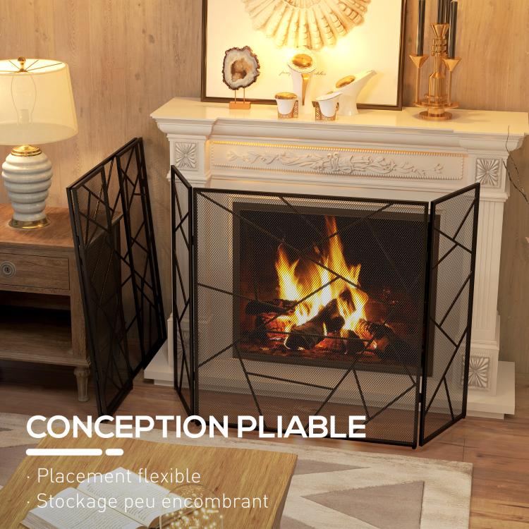 3-panel folding steel fireplace screen with geometric design and non-slip feet, 135W x 1.2D x 85H cm, black