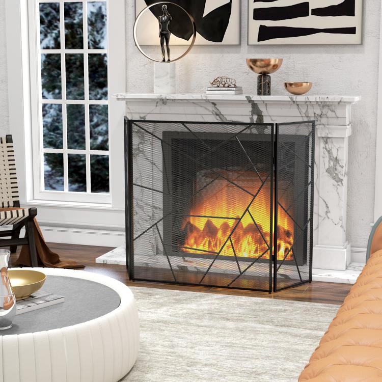 3-panel folding steel fireplace screen with geometric design and non-slip feet, 135W x 1.2D x 85H cm, black