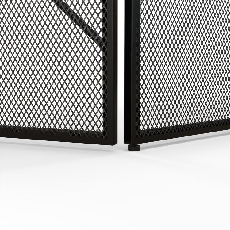 3-panel folding steel fireplace screen with geometric design and non-slip feet, 135W x 1.2D x 85H cm, black