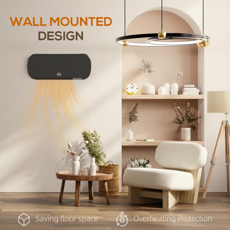 2000W Wall Mounted Ceramic Space Heater, 10-49 DegreesC Temperature, Black