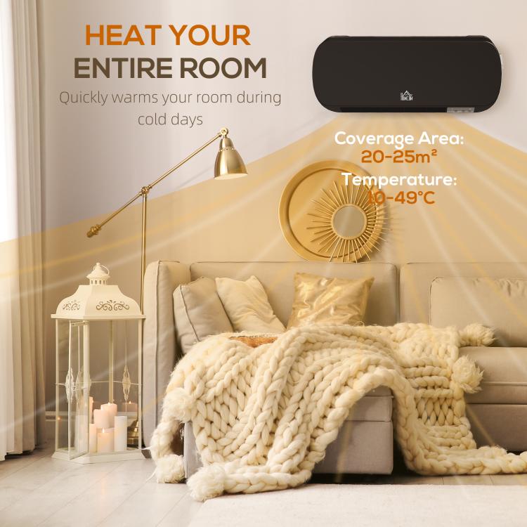 2000W Wall Mounted Ceramic Space Heater, 10-49 DegreesC Temperature, Black