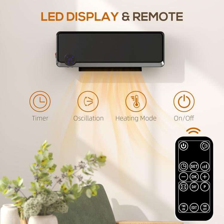 Wall Downflow Heater 2 Heat and Fan 1000W/2000W, Electric Space Heater with Timer Remote Oscillating, for Bedroom Home Office, Black