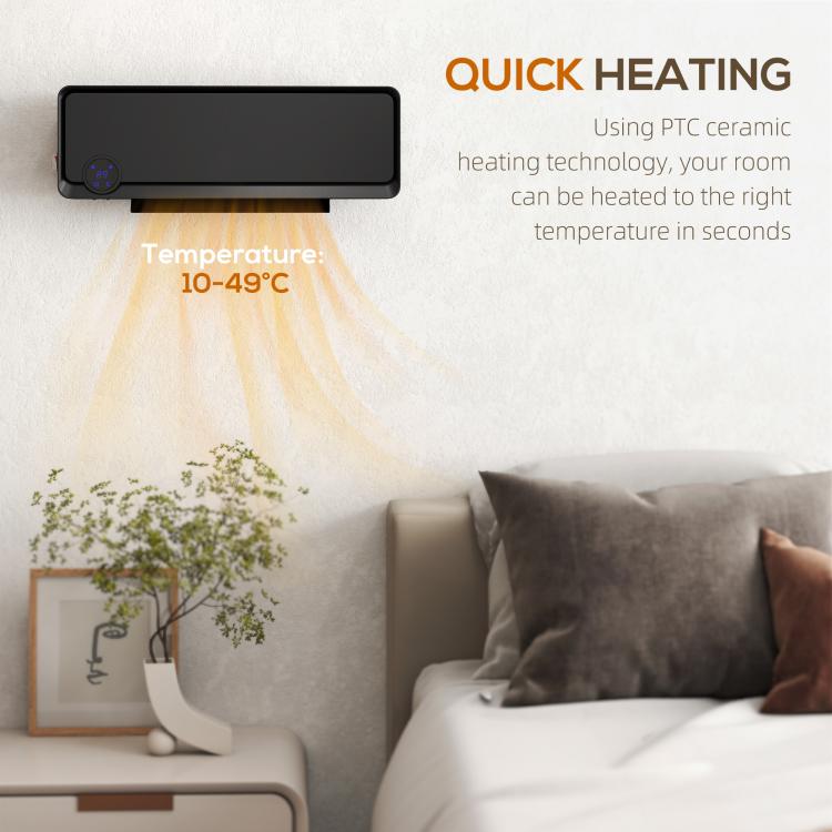 Wall Downflow Heater 2 Heat and Fan 1000W/2000W, Electric Space Heater with Timer Remote Oscillating, for Bedroom Home Office, Black