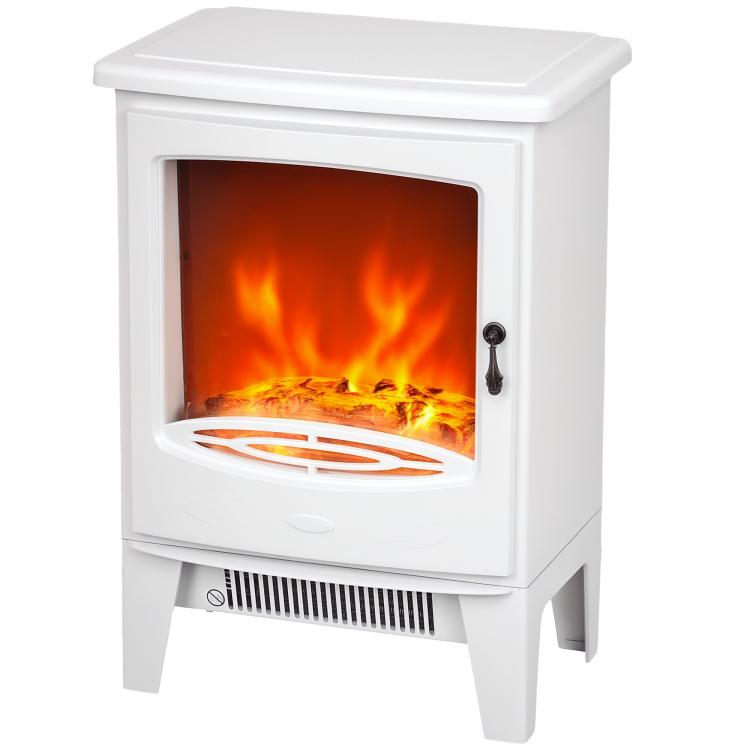 Tempered Glass Casing Electric Fireplace, Freestanding Electric Fire with Realistic Flame Effect, Log Burner with Overheat Protection, 950w/ 1850W, White