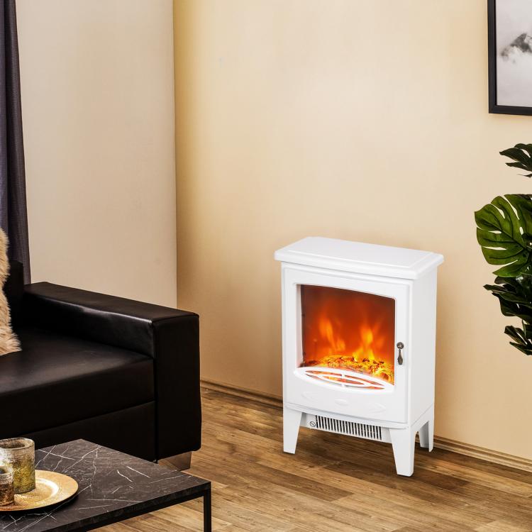 Tempered Glass Casing Electric Fireplace, Freestanding Electric Fire with Realistic Flame Effect, Log Burner with Overheat Protection, 950w/ 1850W, White