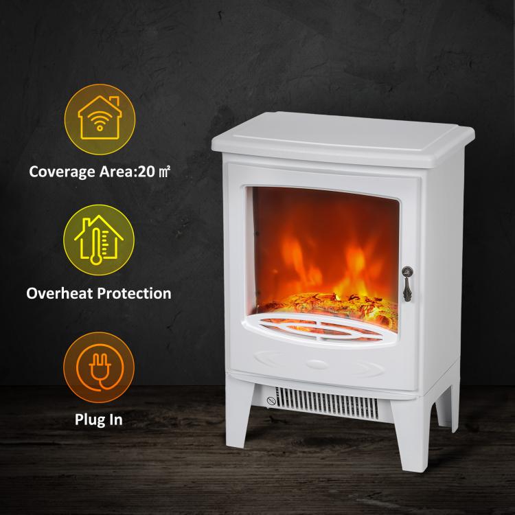 Tempered Glass Casing Electric Fireplace, Freestanding Electric Fire with Realistic Flame Effect, Log Burner with Overheat Protection, 950w/ 1850W, White