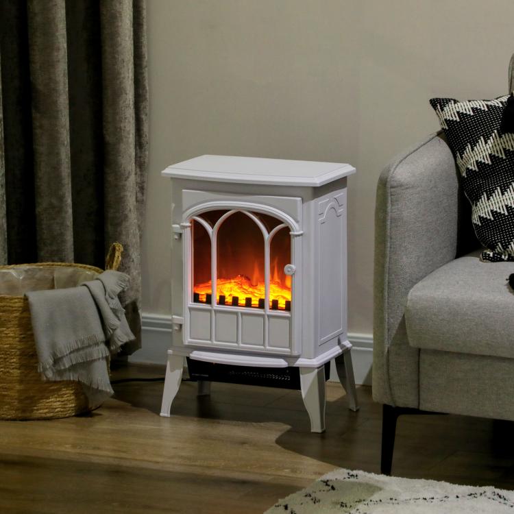 Freestanding Electric Fireplace, Electric Log Burner with LED Flame Effect, Overheating Safety System, 1000W/2000W White