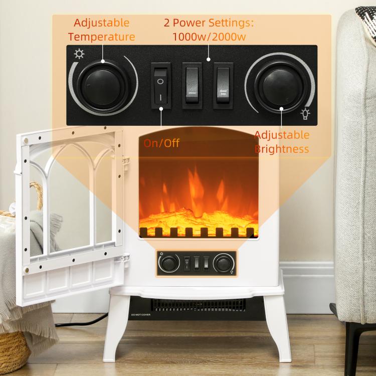 Freestanding Electric Fireplace, Electric Log Burner with LED Flame Effect, Overheating Safety System, 1000W/2000W White